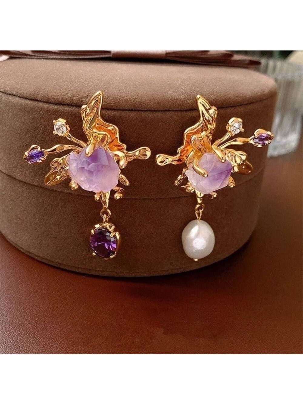 Elegant Gold and Purple Earrings - Picture 2 of 4